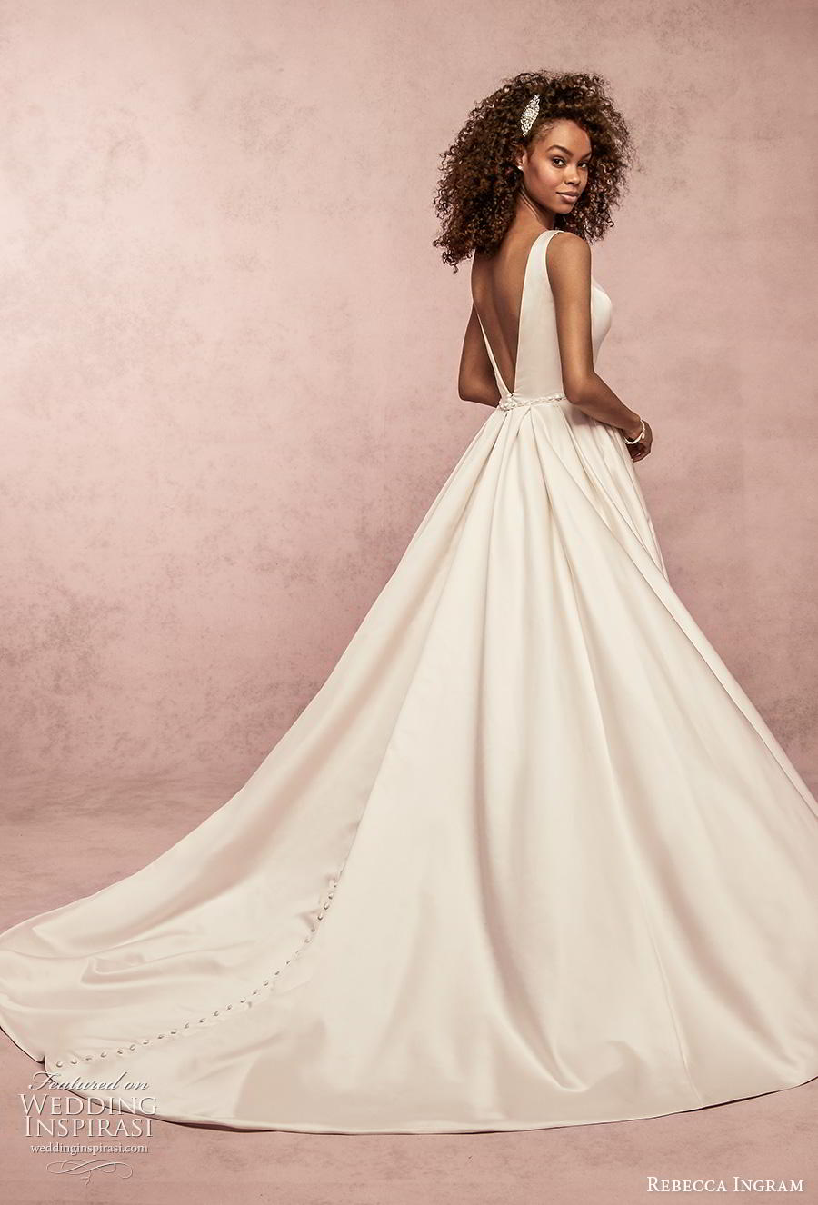 rebecca ingram s2019 bridal sleeveless v neck simple clean embellished waist elegant classic a  line wedding dress pockets v back chapel train (3) bv