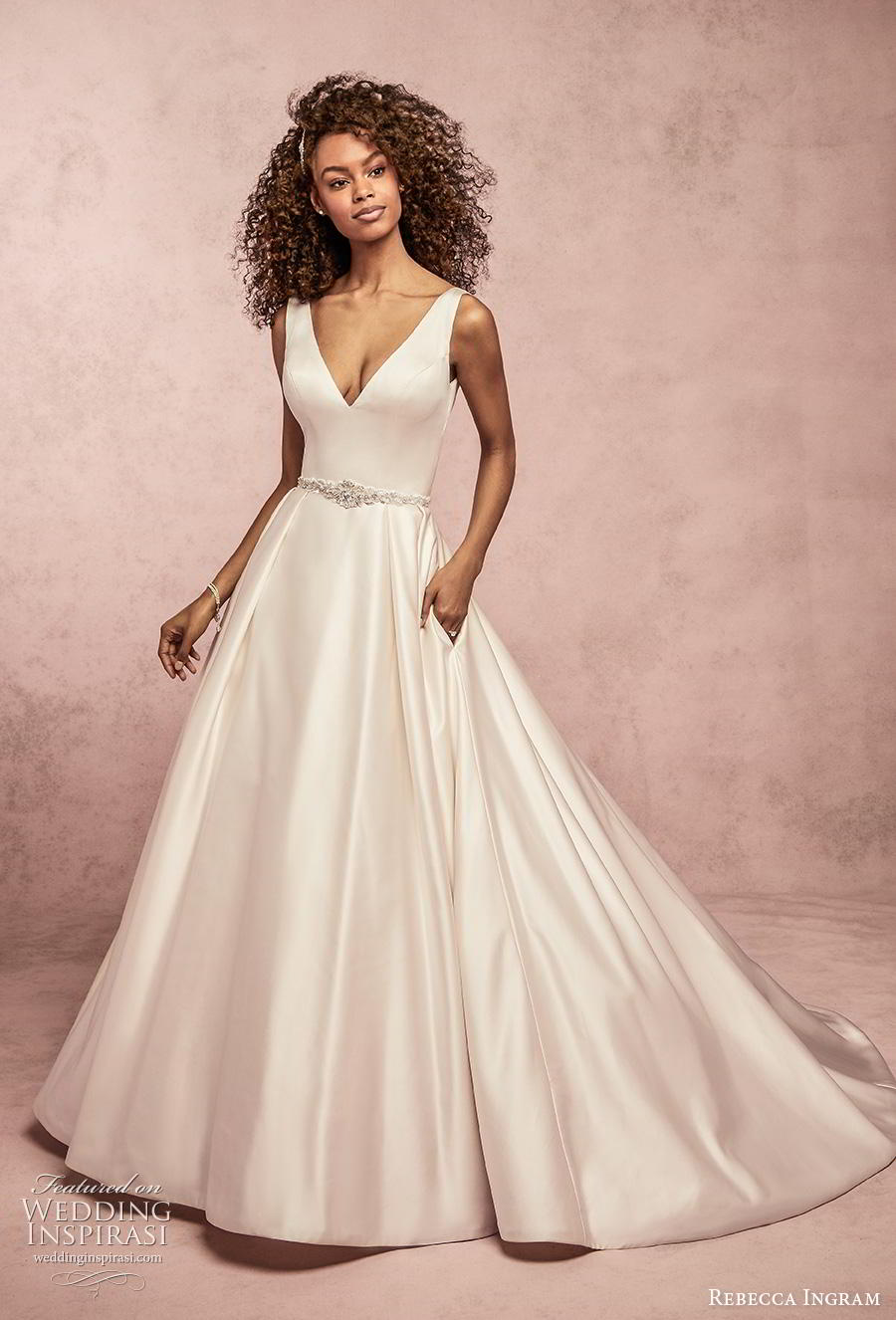 rebecca ingram s2019 bridal sleeveless v neck simple clean embellished waist elegant classic a  line wedding dress pockets v back chapel train (3) mv