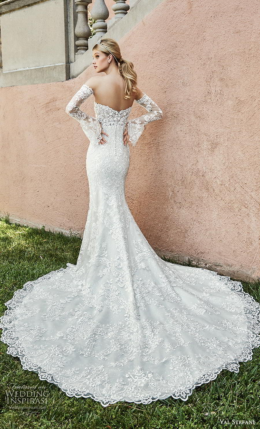val stefani spring 2019 bridal long poet sleeves strapless sweetheart bustier full embellishment romantic sexy fit and flare wedding dress backless chapel train (5) bv
