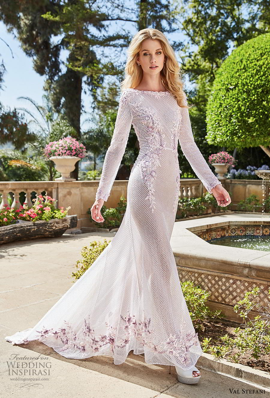 val stefani spring 2019 bridal long sleeves bateau neck full embellishment modern romantic elegant purple sheath wedding dress medium train (11) mv