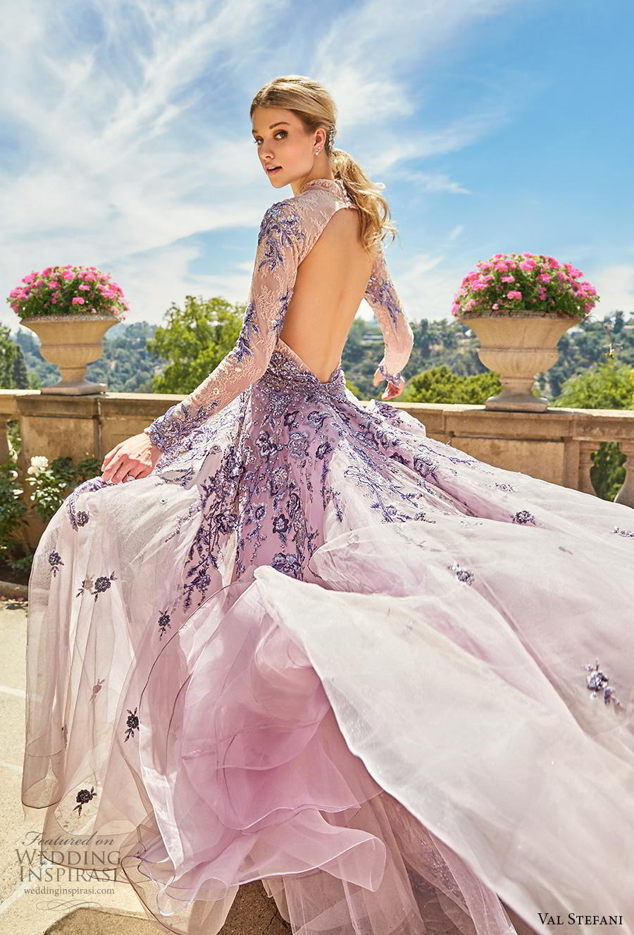 val stefani spring 2019 bridal long sleeves high neck full embellishment romantic princess modest purple a  line wedding dress keyhole back chapel train (12) bv