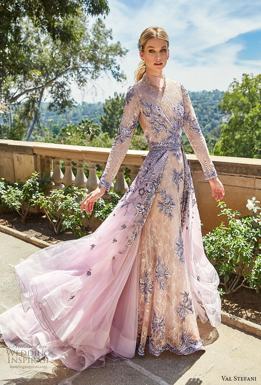 val stefani spring 2019 bridal long sleeves high neck full embellishment romantic princess modest purple a  line wedding dress keyhole back chapel train (12) mv