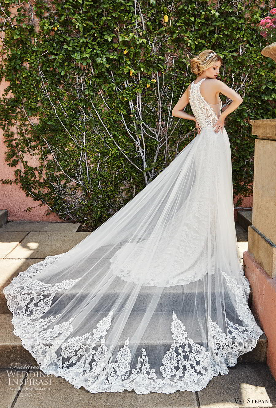 val stefani spring 2019 bridal sleeveless halter neck deep v neck full embellishment sexy elegant sheath fit and flare wedding dress a  line overskirt rasor lace back chapel train (7) bv