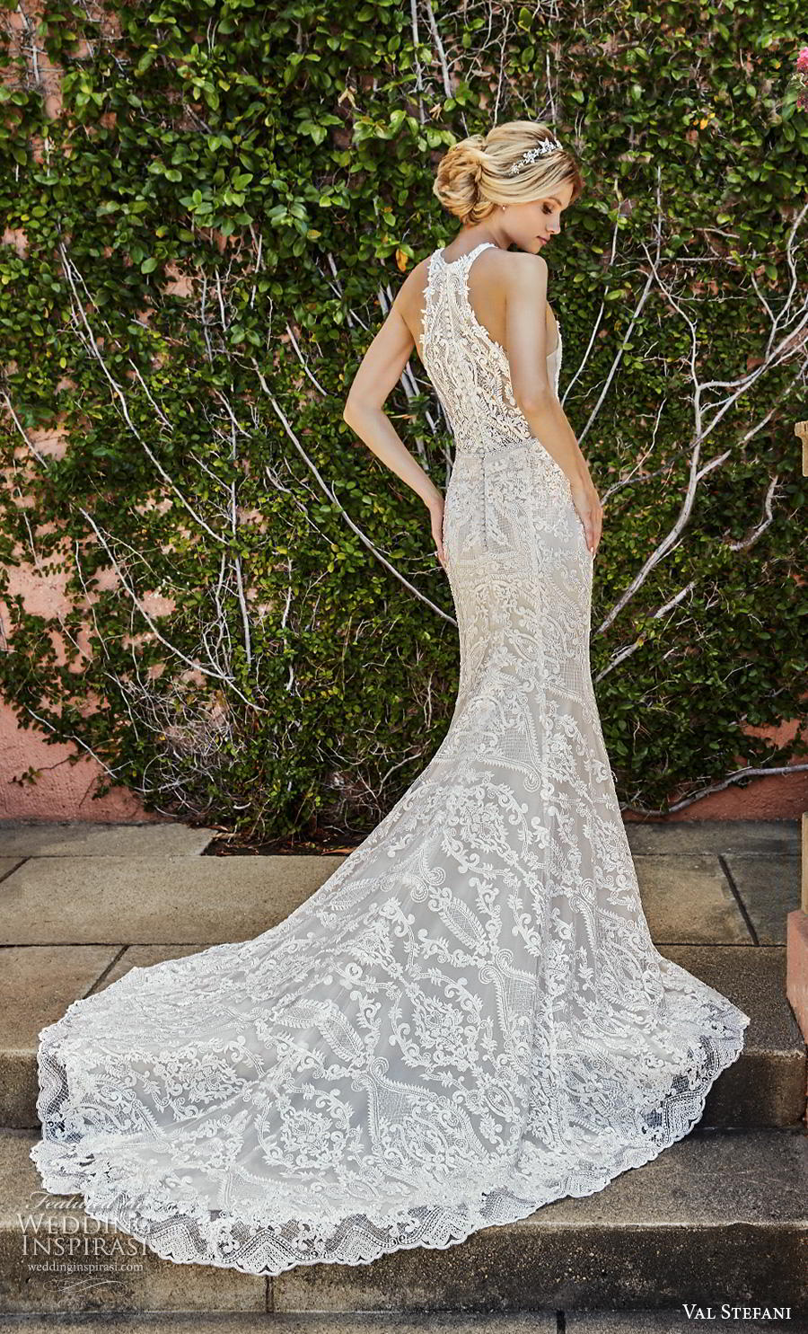 val stefani spring 2019 bridal sleeveless halter neck deep v neck full embellishment sexy elegant sheath fit and flare wedding dress rasor lace back chapel train (7) bv