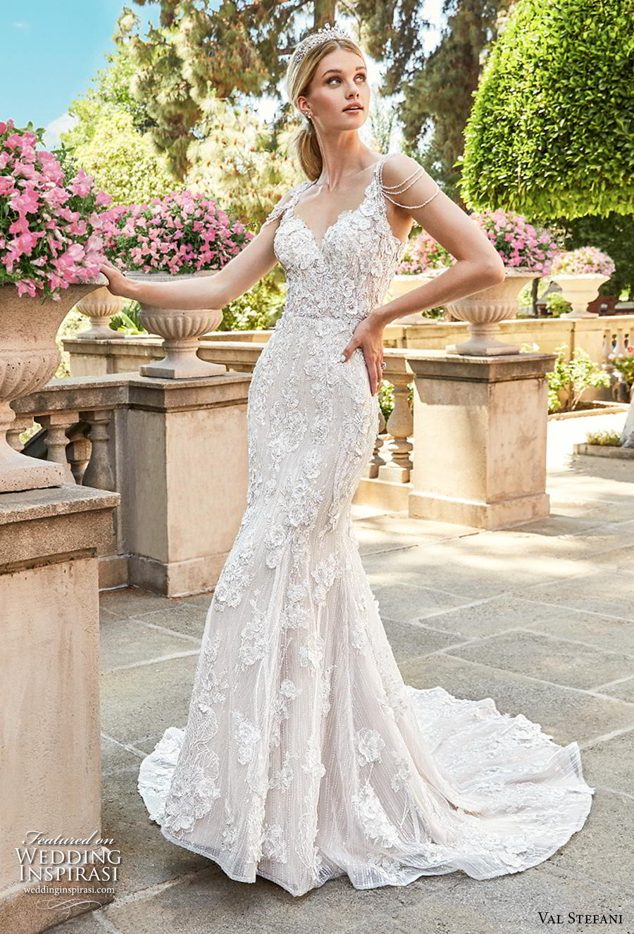 val stefani spring 2019 bridal sleeveless thin strap sweetheart neckline full embellishment romantic elegant fit and flare wedding dress keyhole back chapel train (10) mv