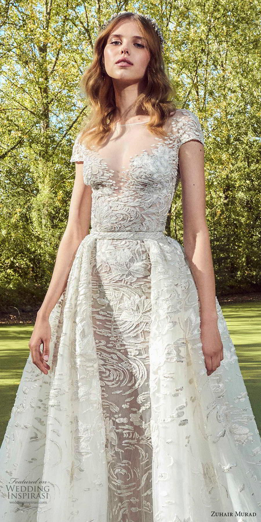 zuhair murad fall 2019 bridal cap sleeves illusion bateau sweetheart neckline full embellishment romantic sheath wedding dress a  line overskirt chapel train (15) zv