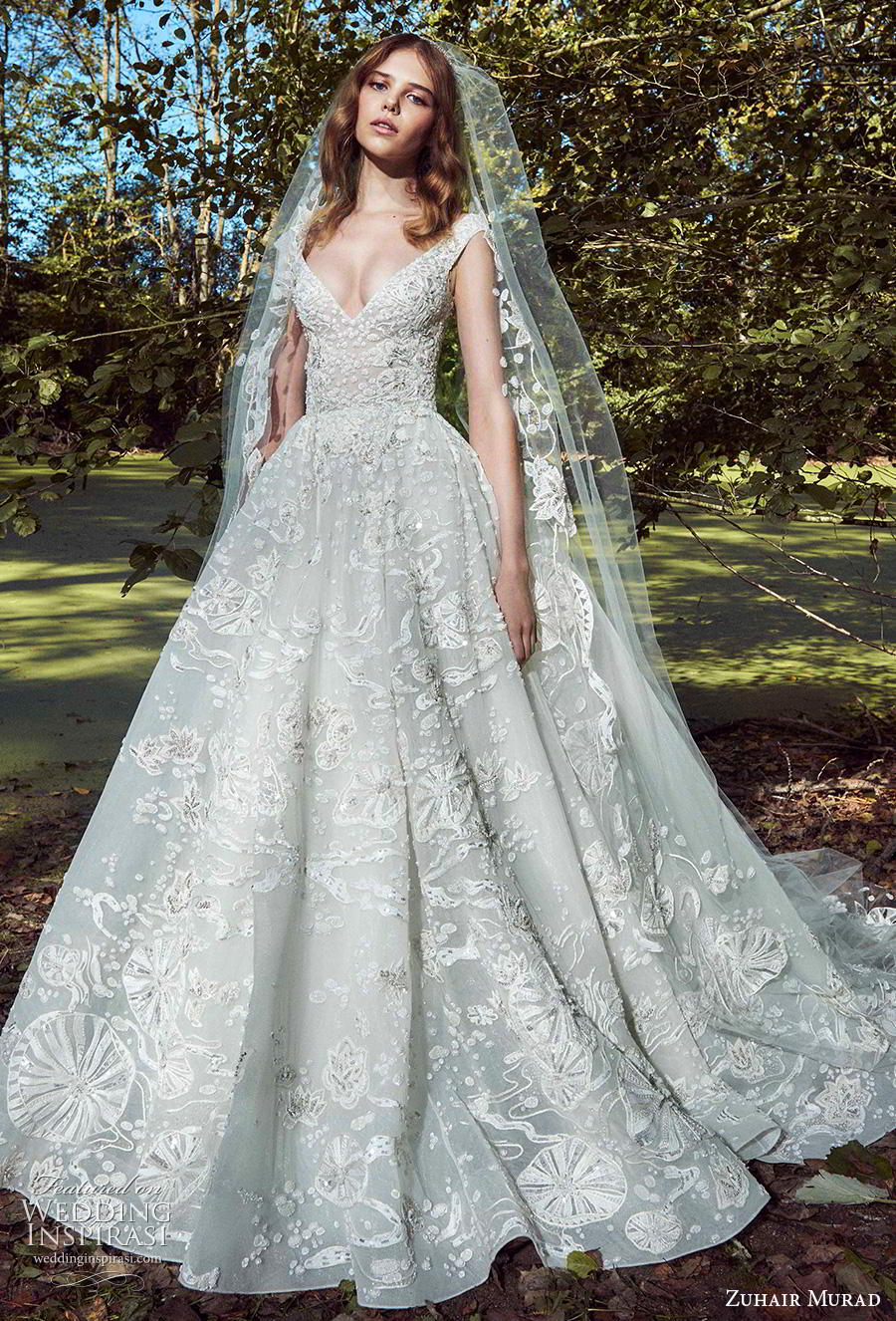 zuhair murad fall 2019 bridal cap sleeves v neck full embellishment romantic princess a  line ball gown wedding dress chapel train (16) mv