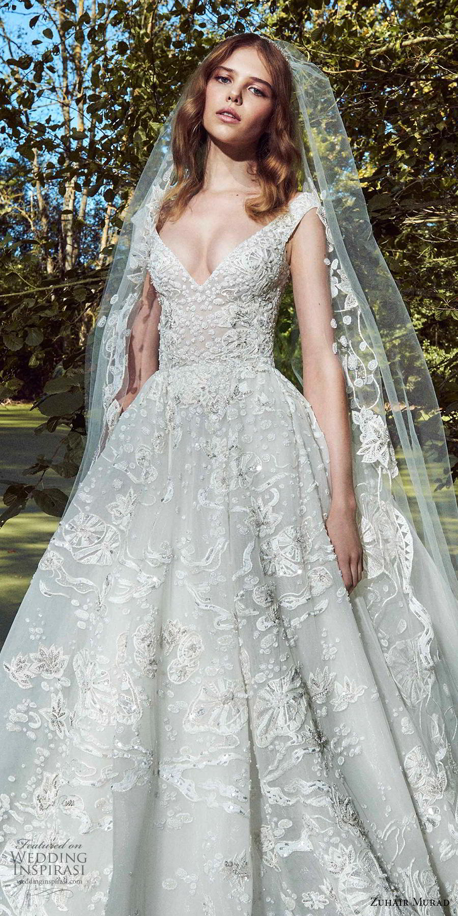 zuhair murad fall 2019 bridal cap sleeves v neck full embellishment romantic princess a  line ball gown wedding dress chapel train (16) zv