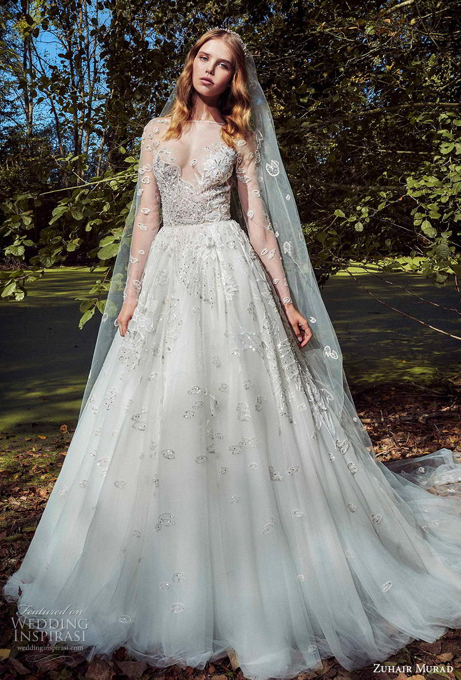 zuhair murad fall 2019 bridal long sleeves illusion bateau sweetheart neckline heavily embellished bodice sexy romantic a  line wedding dress chapel train (14) mv