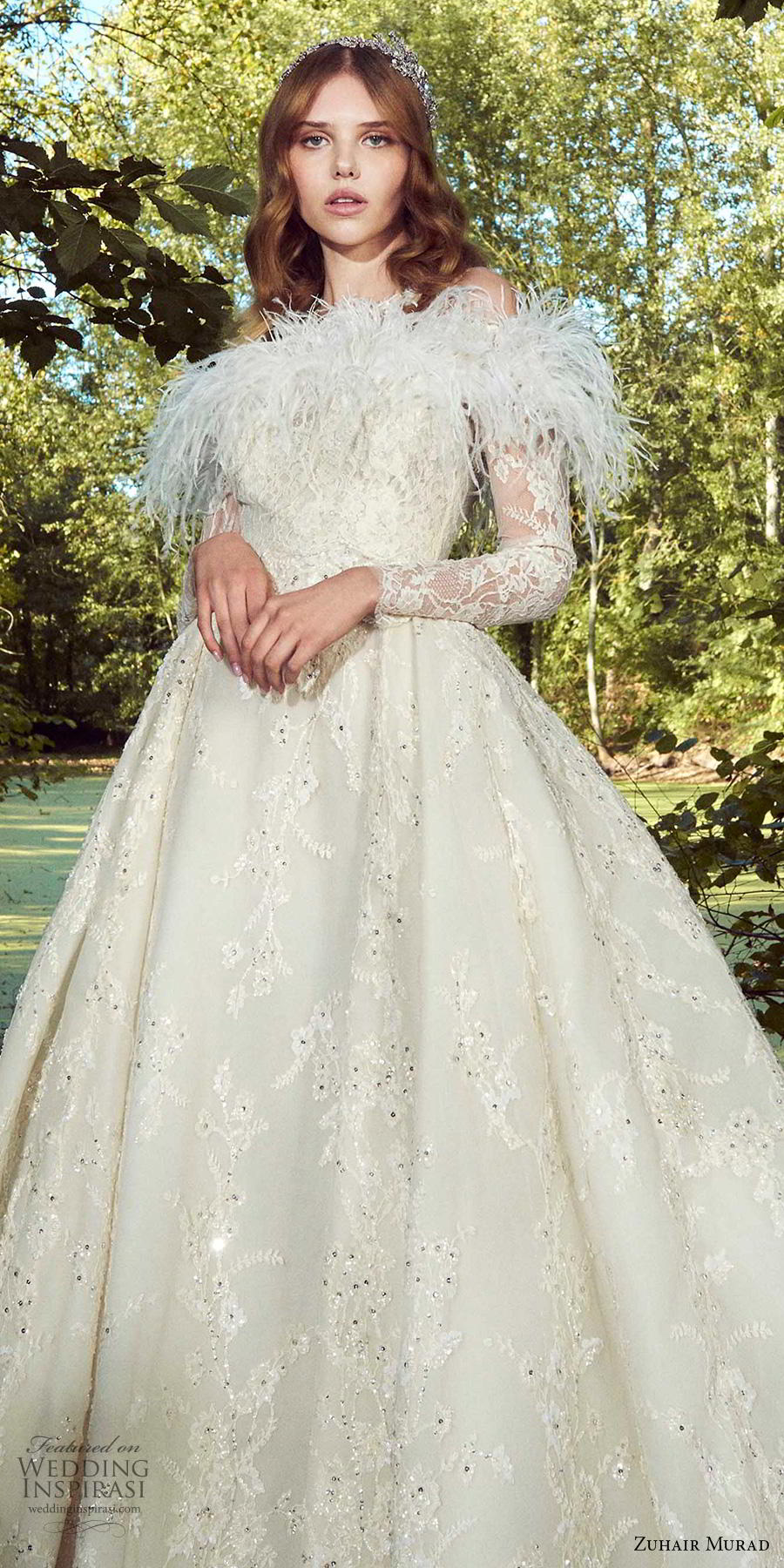 zuhair murad fall 2019 bridal long sleeves off the shoulder heavily embellished bodice feather fringe romantic princess ball gown a  line wedding dress chapel train (4) zv