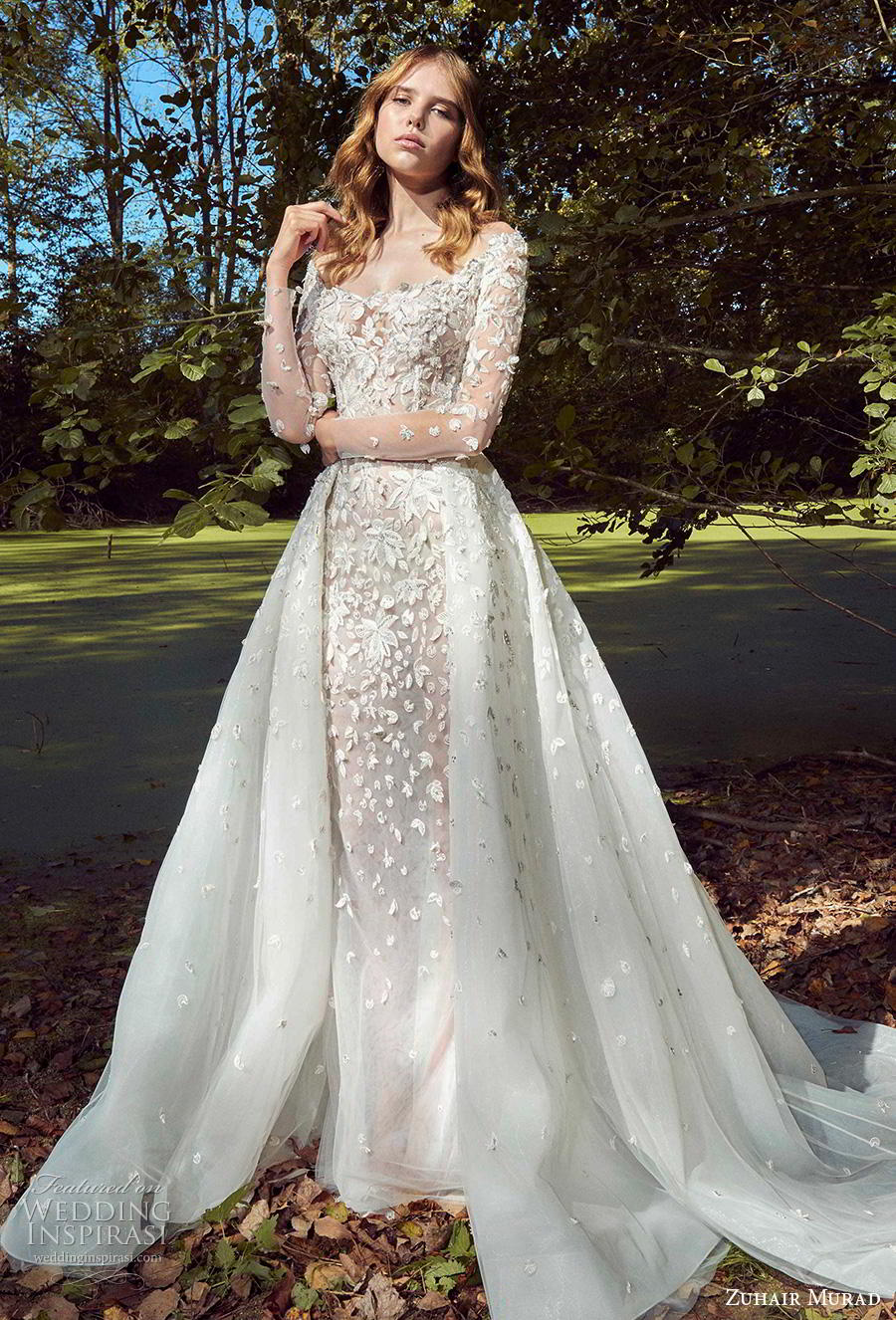 zuhair murad fall 2019 bridal long sleeves off the shoulder scoop neckline full embellishment romantic a  line wedding dress chapel train (6) mv 