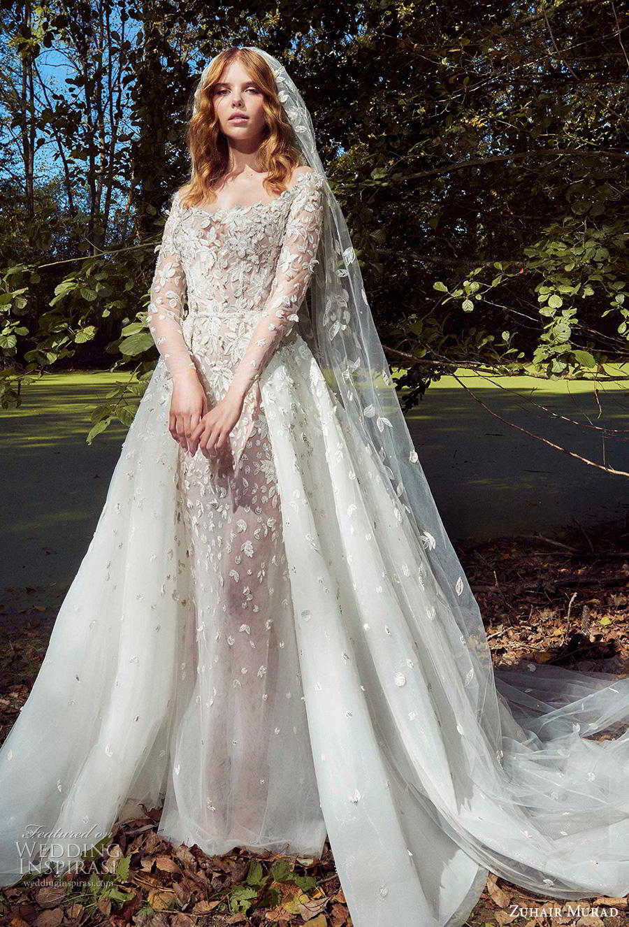 zuhair murad fall 2019 bridal long sleeves off the shoulder scoop neckline full embellishment romantic a  line wedding dress chapel train (6) mv