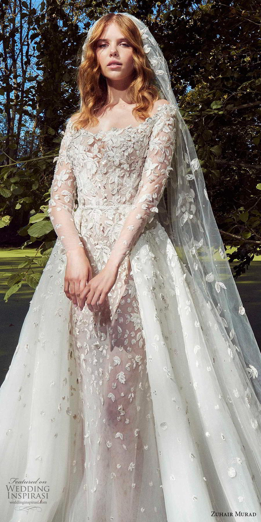 zuhair murad fall 2019 bridal long sleeves off the shoulder scoop neckline full embellishment romantic a  line wedding dress chapel train (6) zv