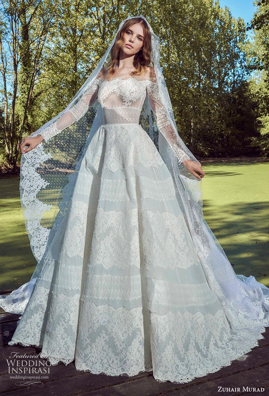 zuhair murad fall 2019 bridal long sleeves off the shoulder straight across neckline full embellishment romantic a  line wedding dress chapel train (17) mv