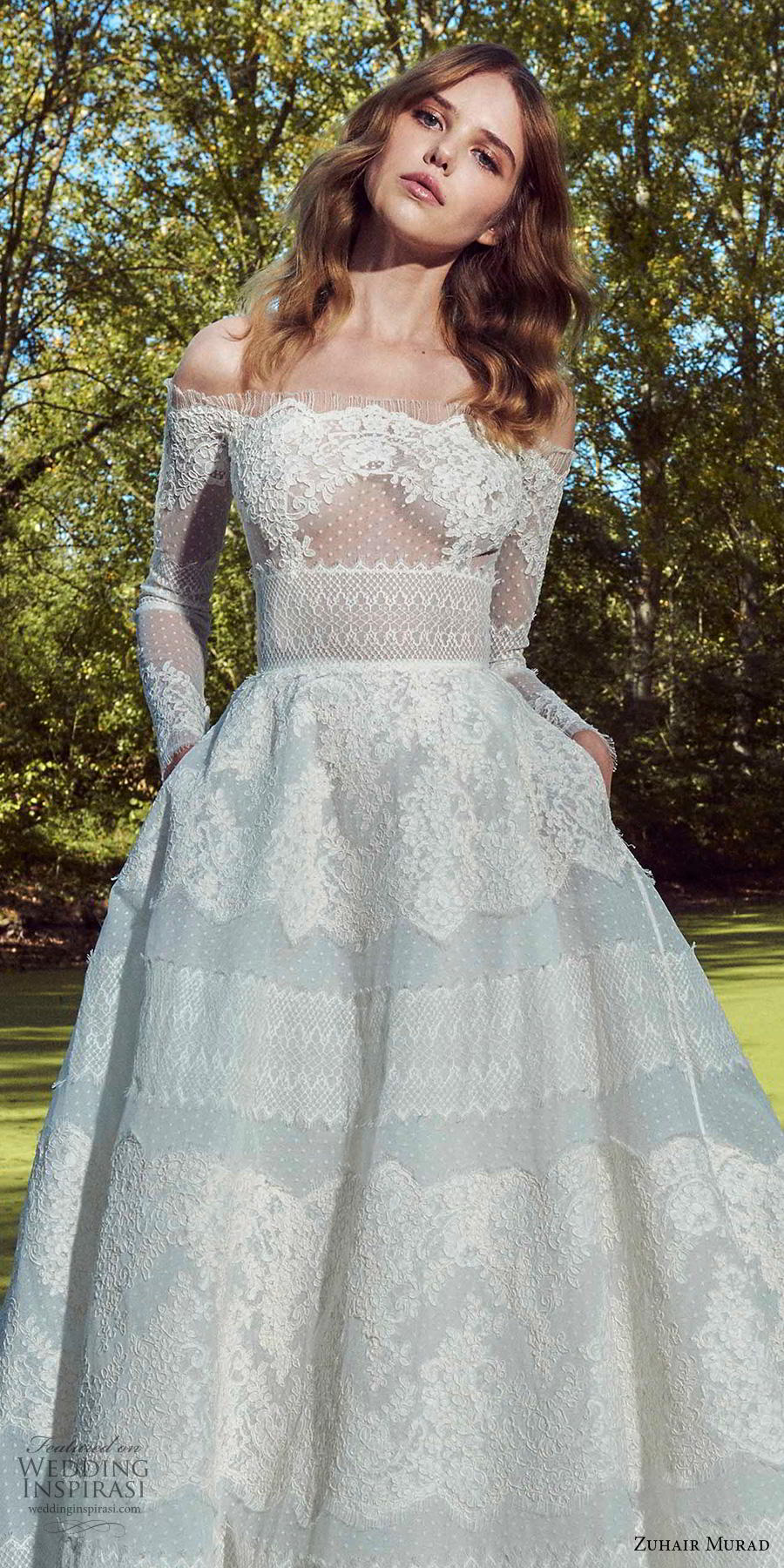 zuhair murad fall 2019 bridal long sleeves off the shoulder straight across neckline full embellishment romantic a  line wedding dress chapel train (17) zv