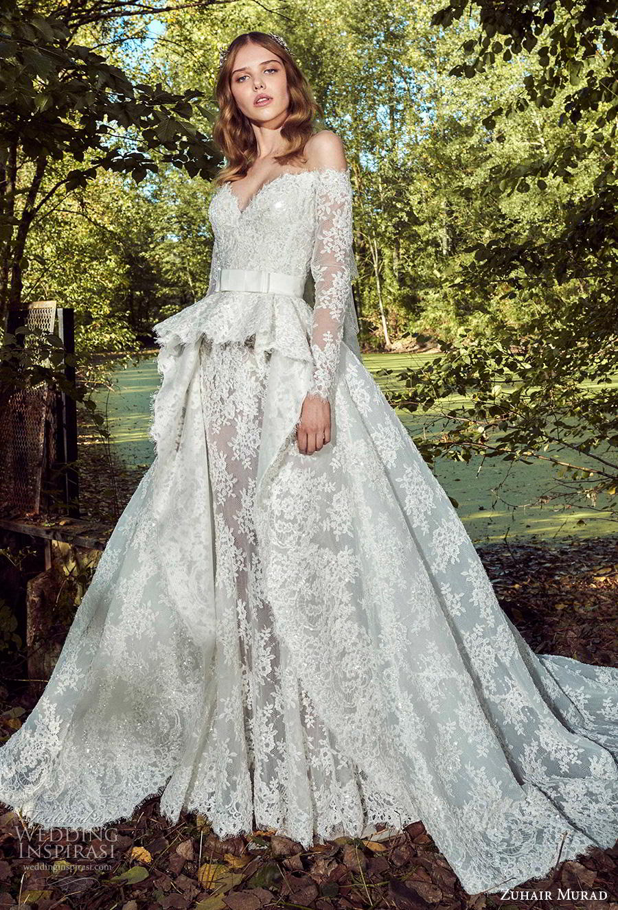 zuhair murad fall 2019 bridal long sleeves off the shoulder sweetheart neckline full embellishment peplum princess ball gown wedding dress a  line overskirt chapel train (11) mv