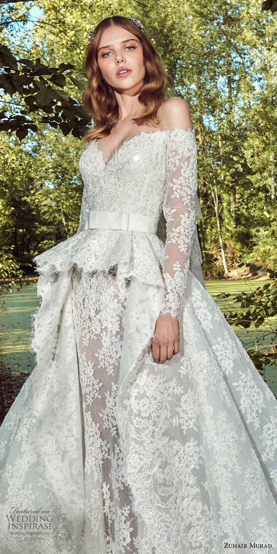 zuhair murad fall 2019 bridal long sleeves off the shoulder sweetheart neckline full embellishment peplum princess ball gown wedding dress a  line overskirt chapel train (11) zv