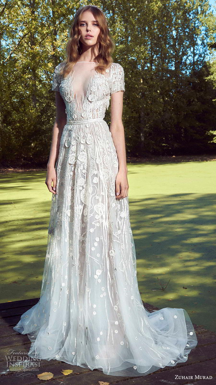 zuhair murad fall 2019 bridal short sleeves illusion bateau v neckline full embellishment goddess romantic a  line wedding dress cape sweep train (9) mv 