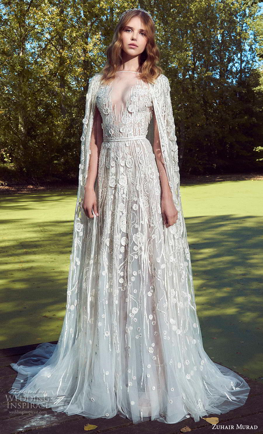 zuhair murad fall 2019 bridal short sleeves illusion bateau v neckline full embellishment goddess romantic a  line wedding dress cape sweep train (9) mv