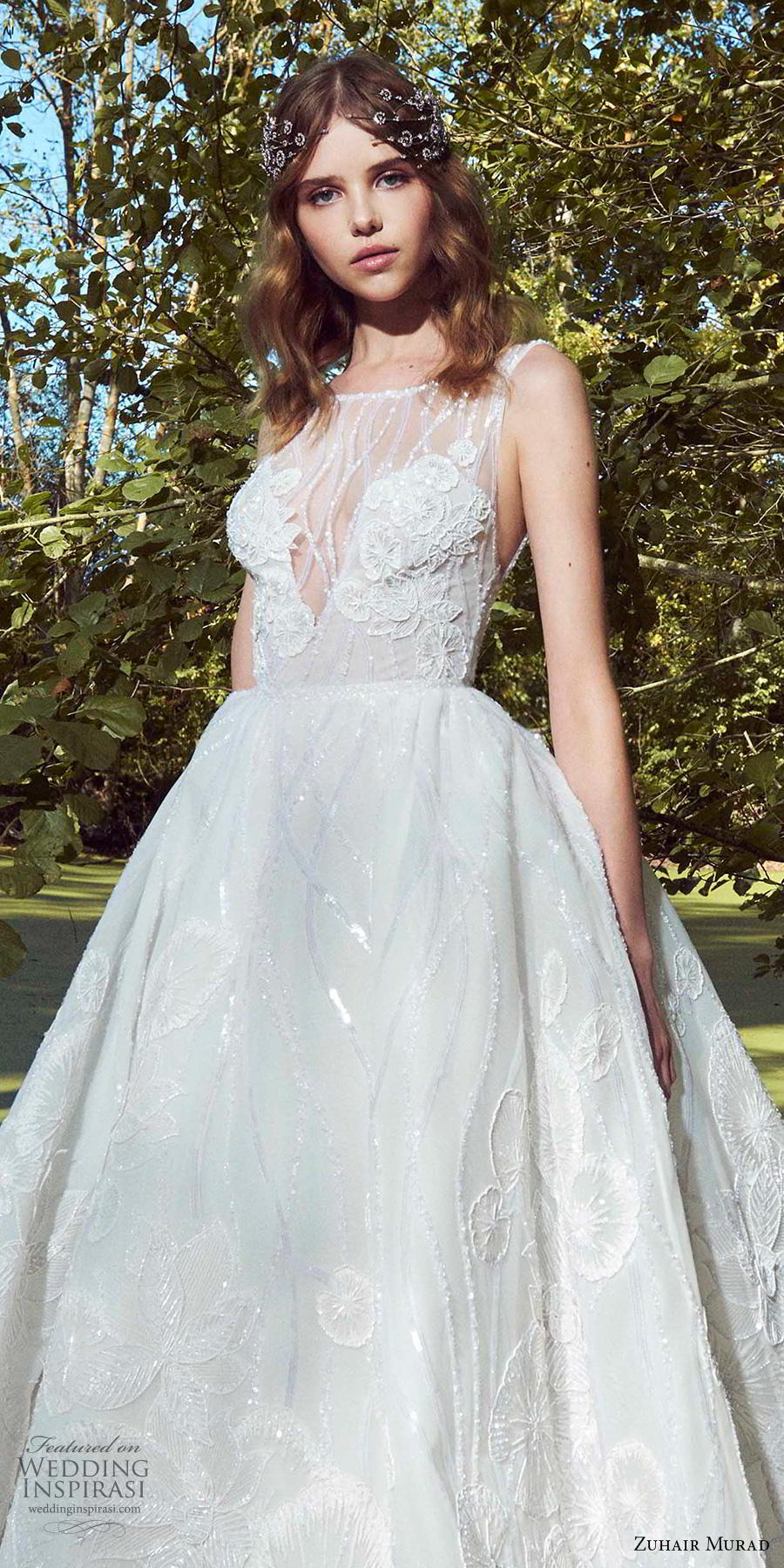 zuhair murad fall 2019 bridal sleeveless illusion bateau v neck full embellishment romantic a  line wedding dress chapel train (7) zv