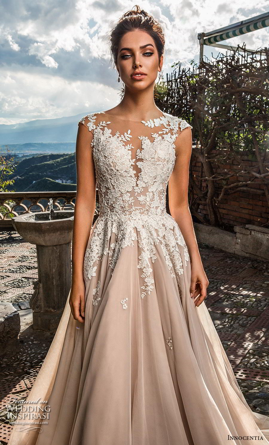 Innocentia 2019 toarmina bridal cap sleeves illusion bateau deep plunging sweetheart neckline heavily embellished bodice romantic blush a  line wedding dress sheer lace back chapel train (14) zv