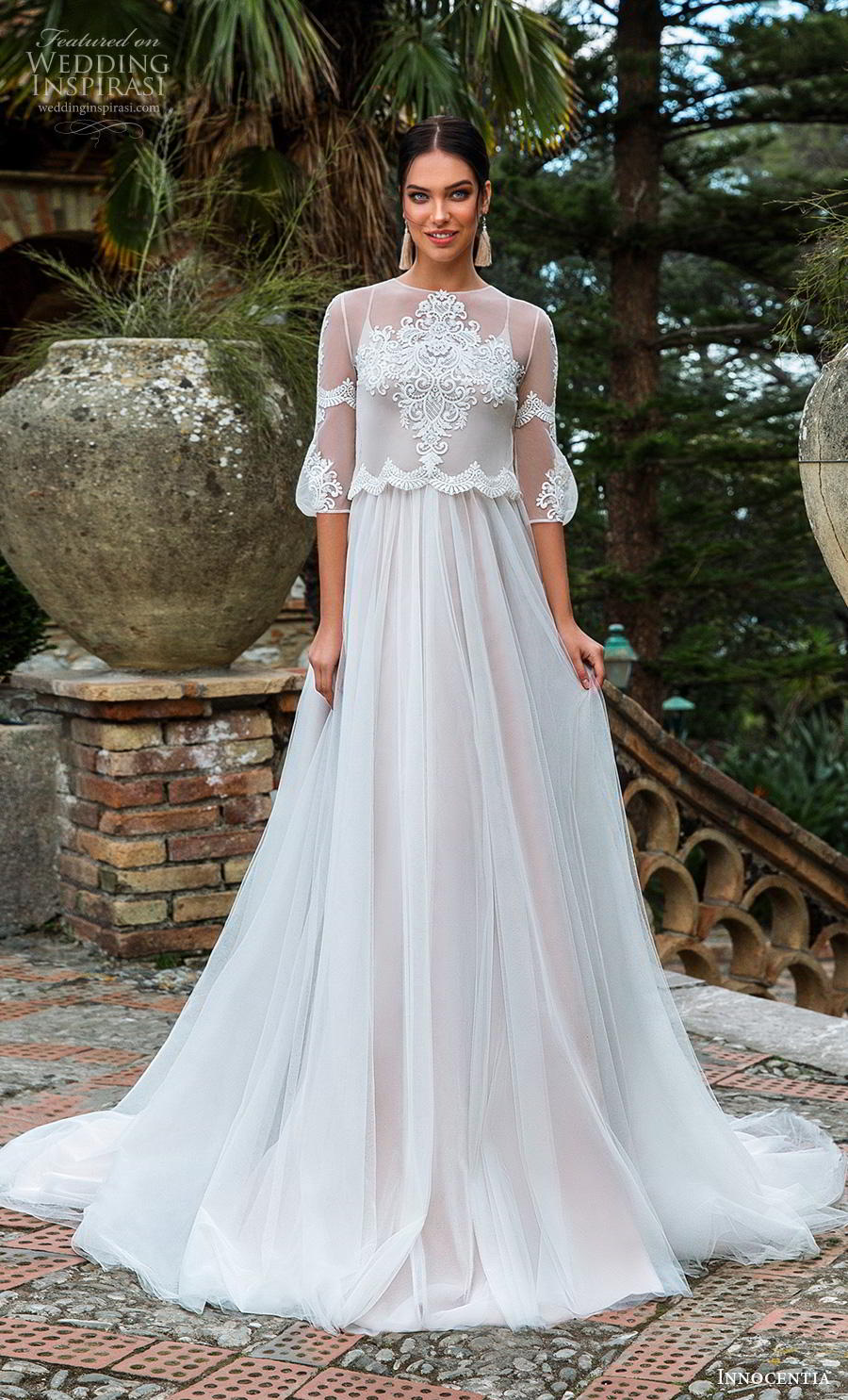 Innocentia 2019 toarmina bridal half bishop sleeves jewel neck heavily embellished bodice capelet romantic a  line wedding dress chapel train (5) mv