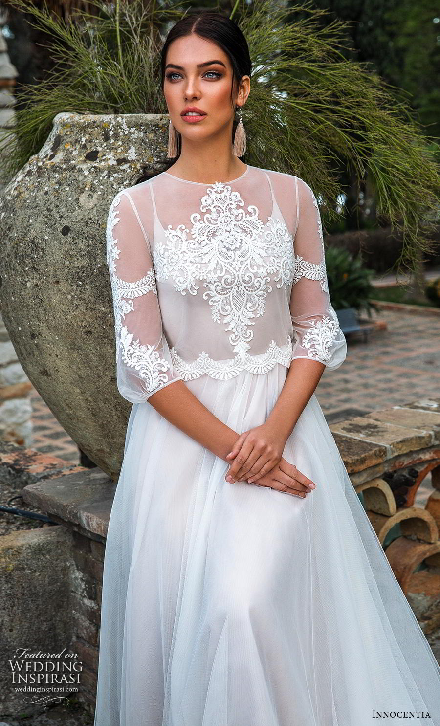 Innocentia 2019 toarmina bridal half bishop sleeves jewel neck heavily embellished bodice capelet romantic a  line wedding dress chapel train (5) zv