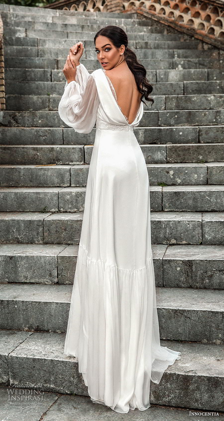 Innocentia 2019 toarmina bridal long bishop sleeves v neck simple elegant a  line wedding dress backless low back chapel train (6) bv