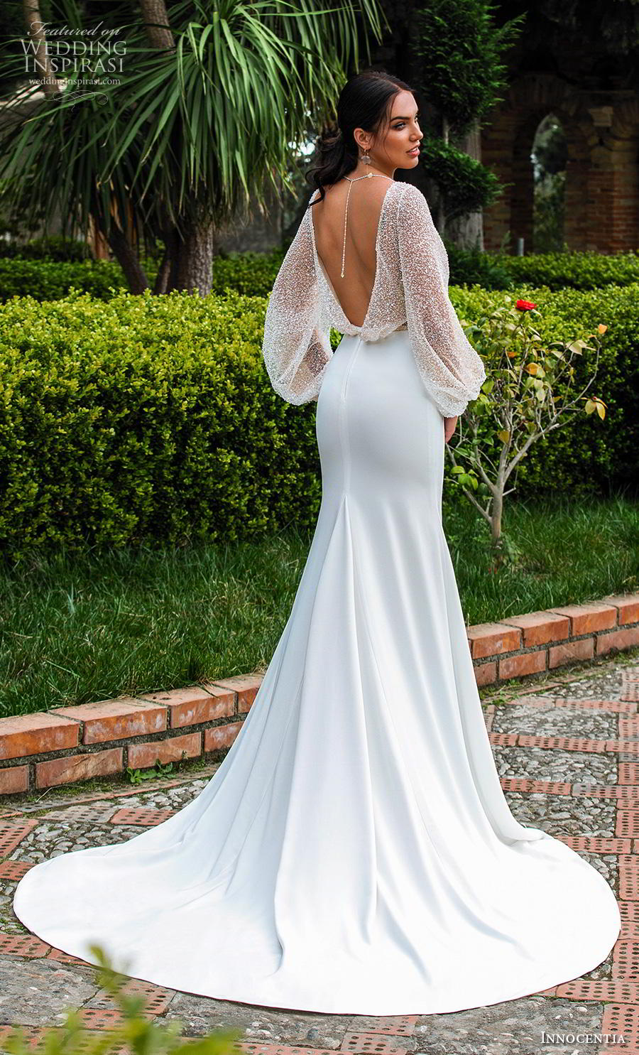 Innocentia 2019 toarmina bridal long bishop sleeves v neck wrap over heavily embellished bodice glamorous sexy fit and flare wedding dress v back medium train (15) bv