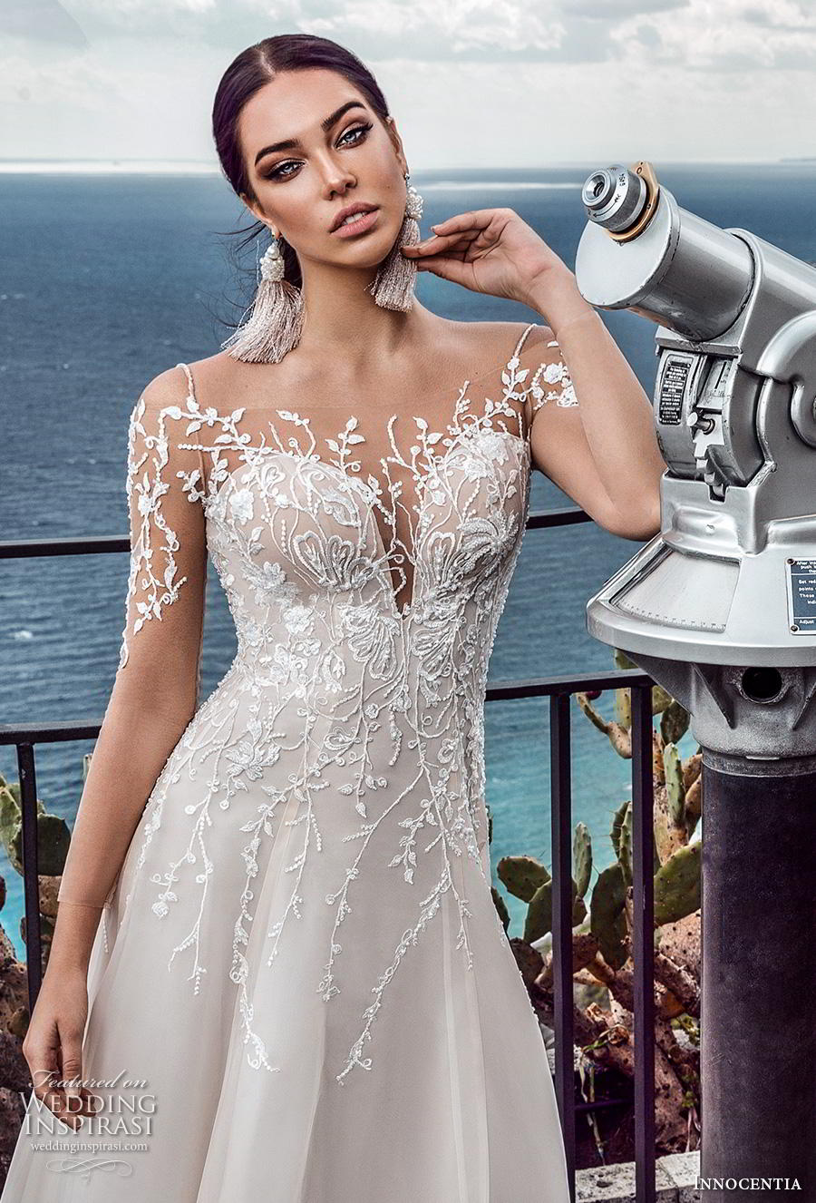 Innocentia 2019 toarmina bridal long sheer sleeves illusion bateau sweetheart neckline heavily embellished bodice elegant modified a  line wedding dress chapel train (2) zv