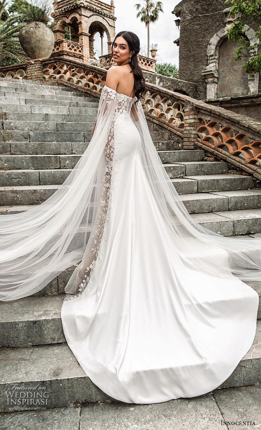 Innocentia 2019 toarmina bridal off the shoulder long hanging sleeves halter neck heavily embellished bodice elegant a  line wedding dress mid back chapel train (10) bv