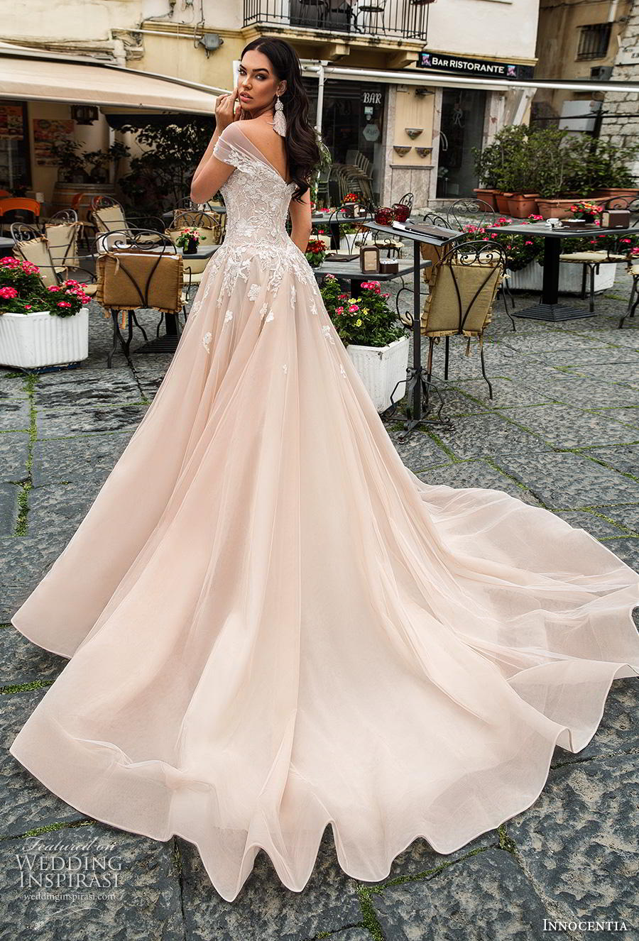 Innocentia 2019 toarmina bridal off the shoulder sweetheart neckline heavily embellished bodice romantic blush a  line wedding dress mid back chapel train (7) bv