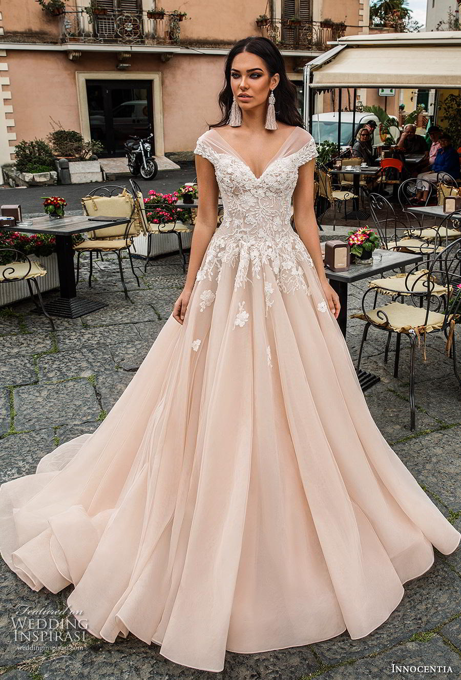 Innocentia 2019 toarmina bridal off the shoulder sweetheart neckline heavily embellished bodice romantic blush a  line wedding dress mid back chapel train (7) mv