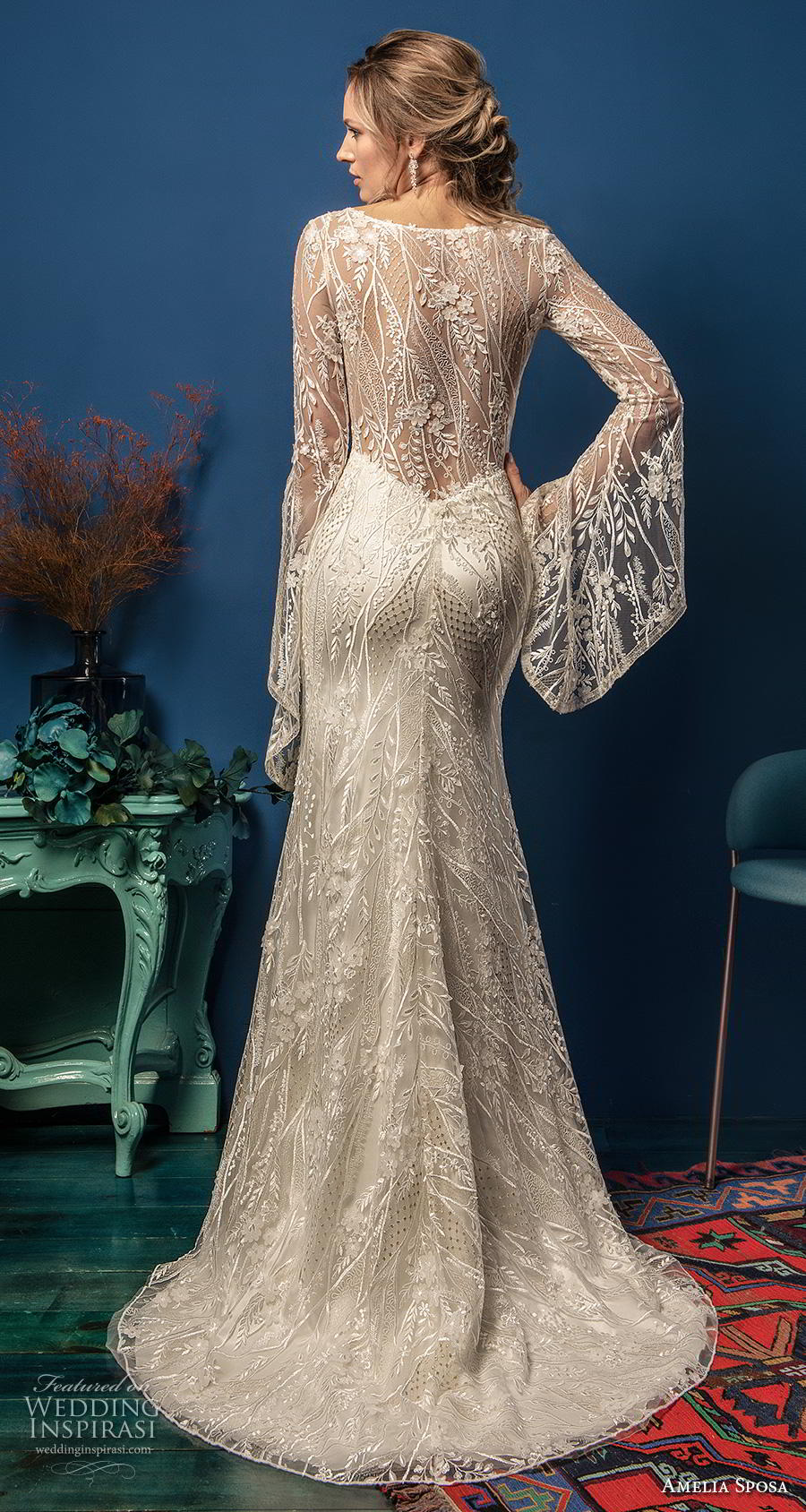 amelia sposa 2019 bridal long hanging sleeves v neck full embellishment elegant fit and flare wedding dress sheer lace back sweep train (9) bv
