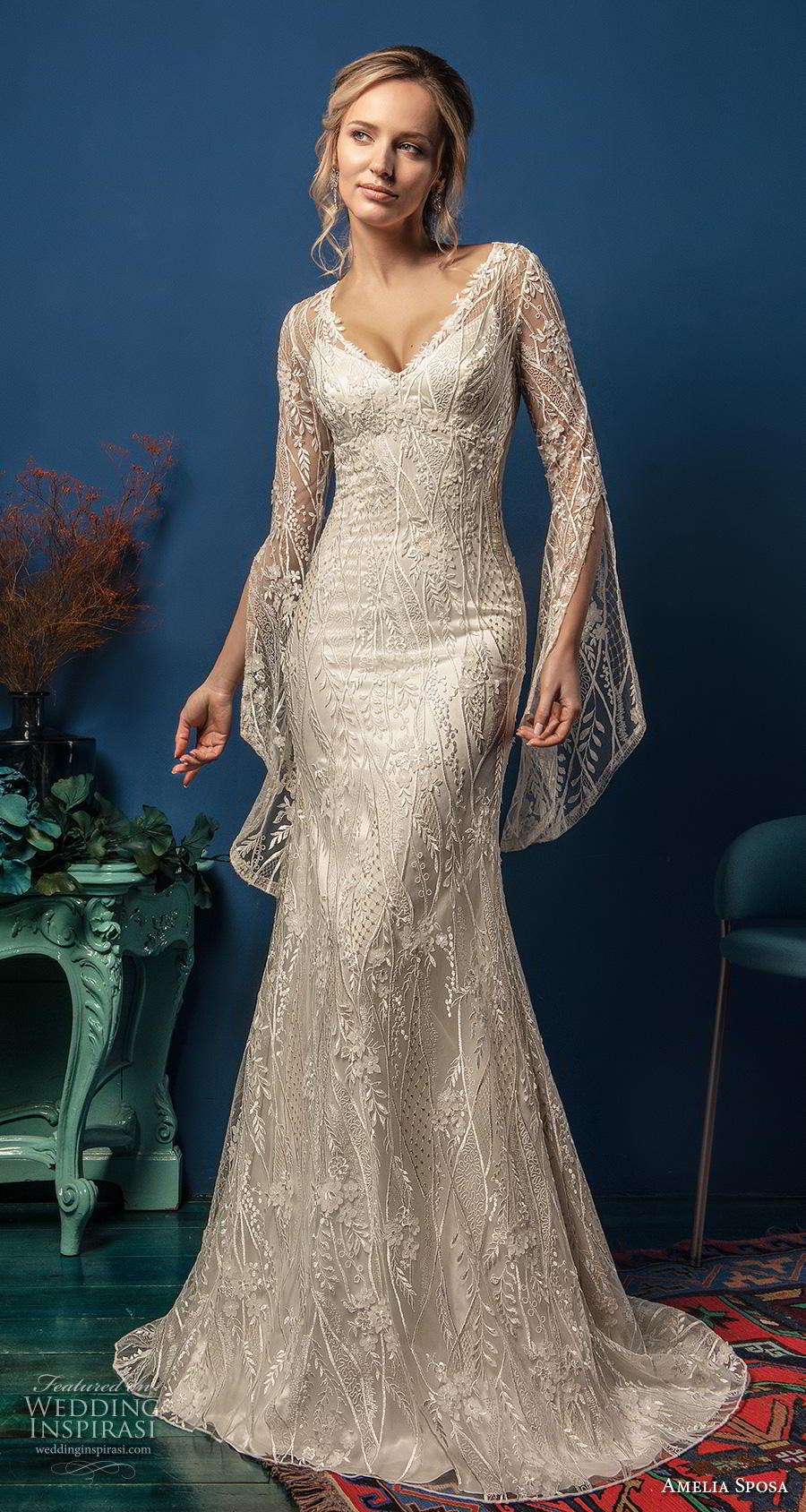 amelia sposa 2019 bridal long hanging sleeves v neck full embellishment elegant fit and flare wedding dress sheer lace back sweep train (9) mv