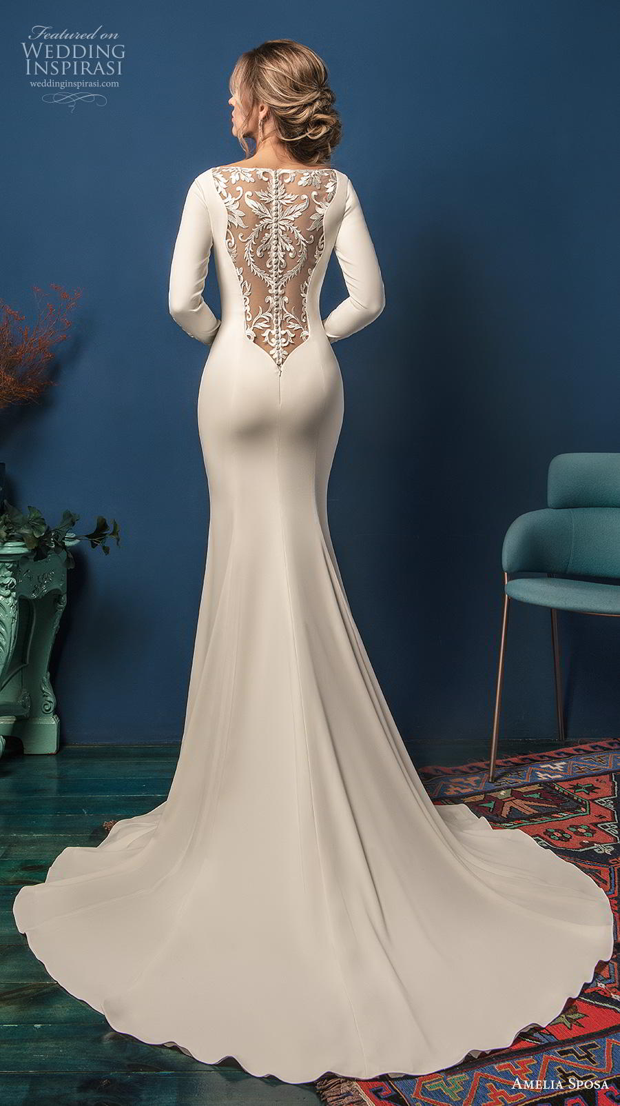 amelia sposa 2019 bridal long sleeves v neck simple minimalist elegant modified a  line sheath wedding dress sheer lace back chapel train (15) bv
