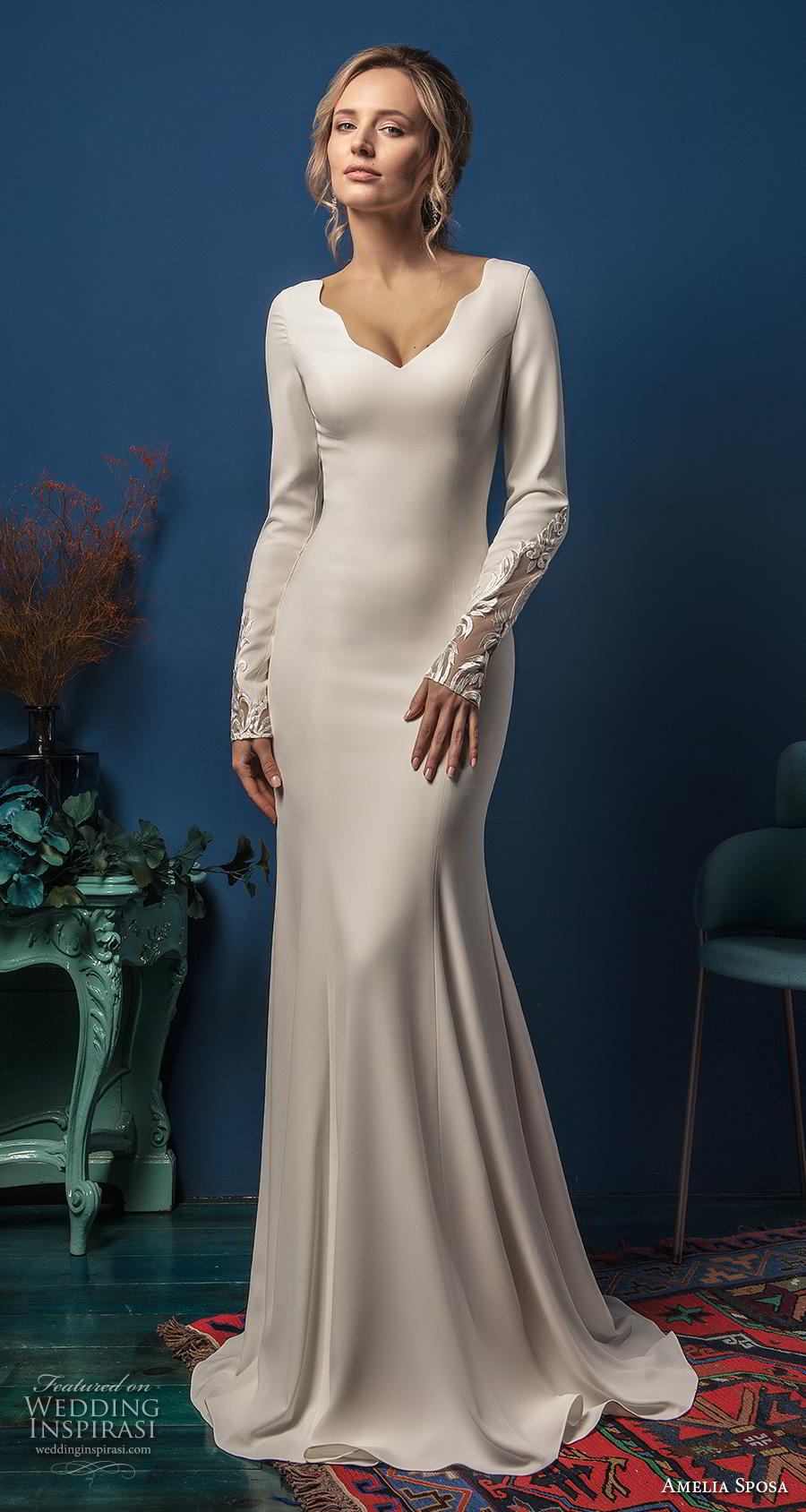 amelia sposa 2019 bridal long sleeves v neck simple minimalist elegant modified a  line sheath wedding dress sheer lace back chapel train (15) mv