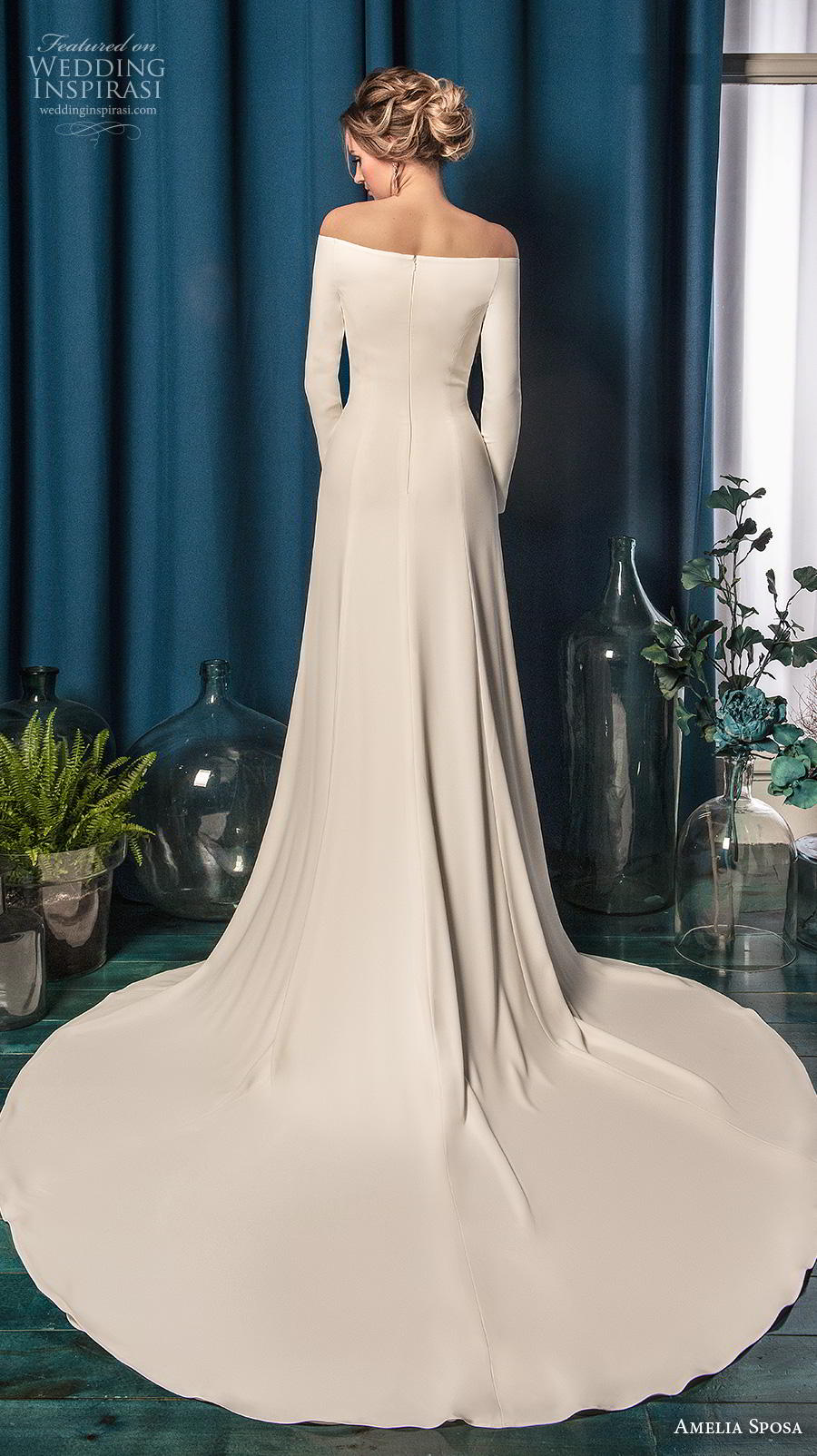 amelia sposa 2019 bridal off the shoulder long sleeves simple minimalist elegant column wedding dress chapel train (13) bv