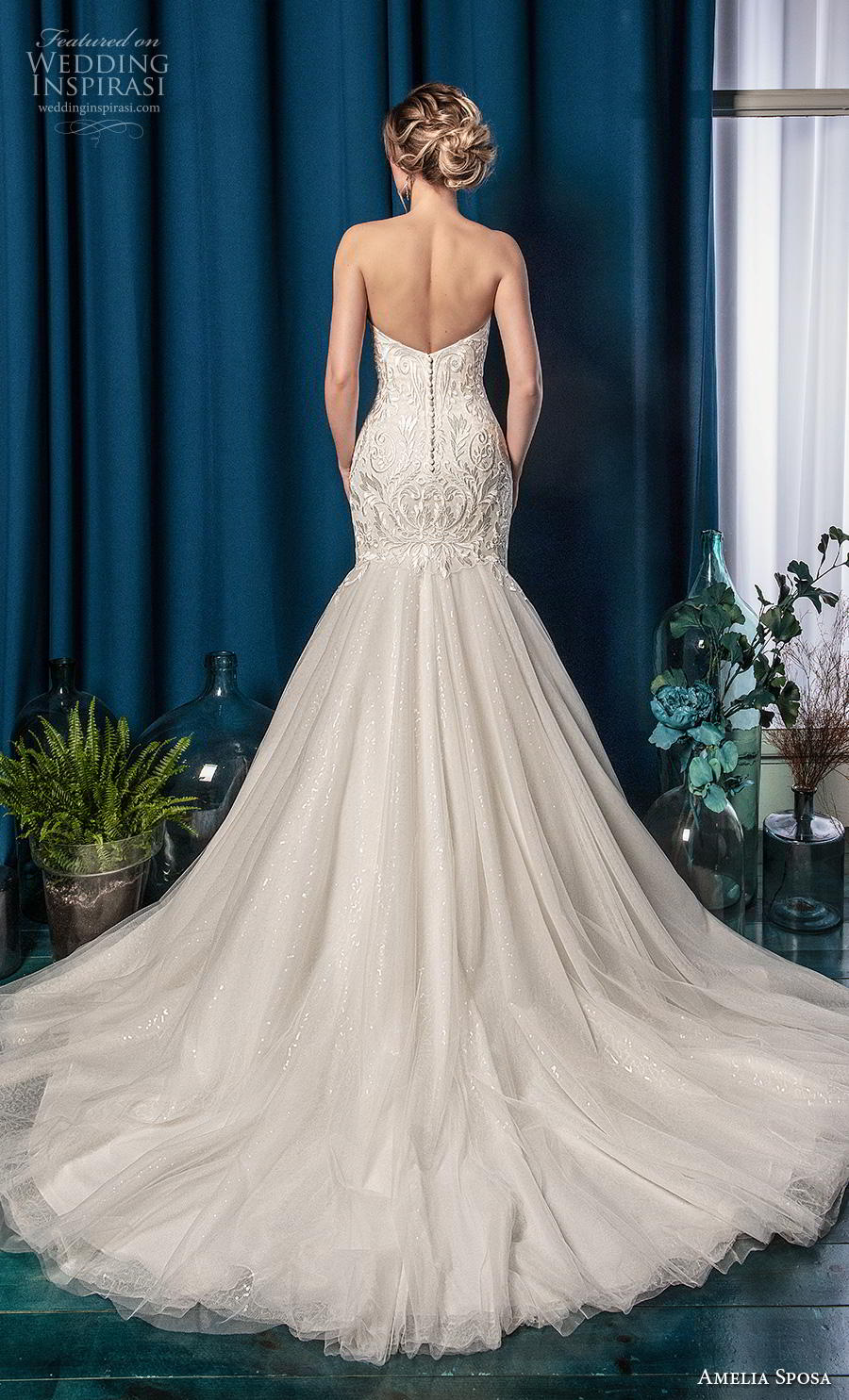 amelia sposa 2019 bridal strapless deep sweetheart neckline heavily embellished bodice romantic mermaid wedding dress mid back chapel train (19) bv