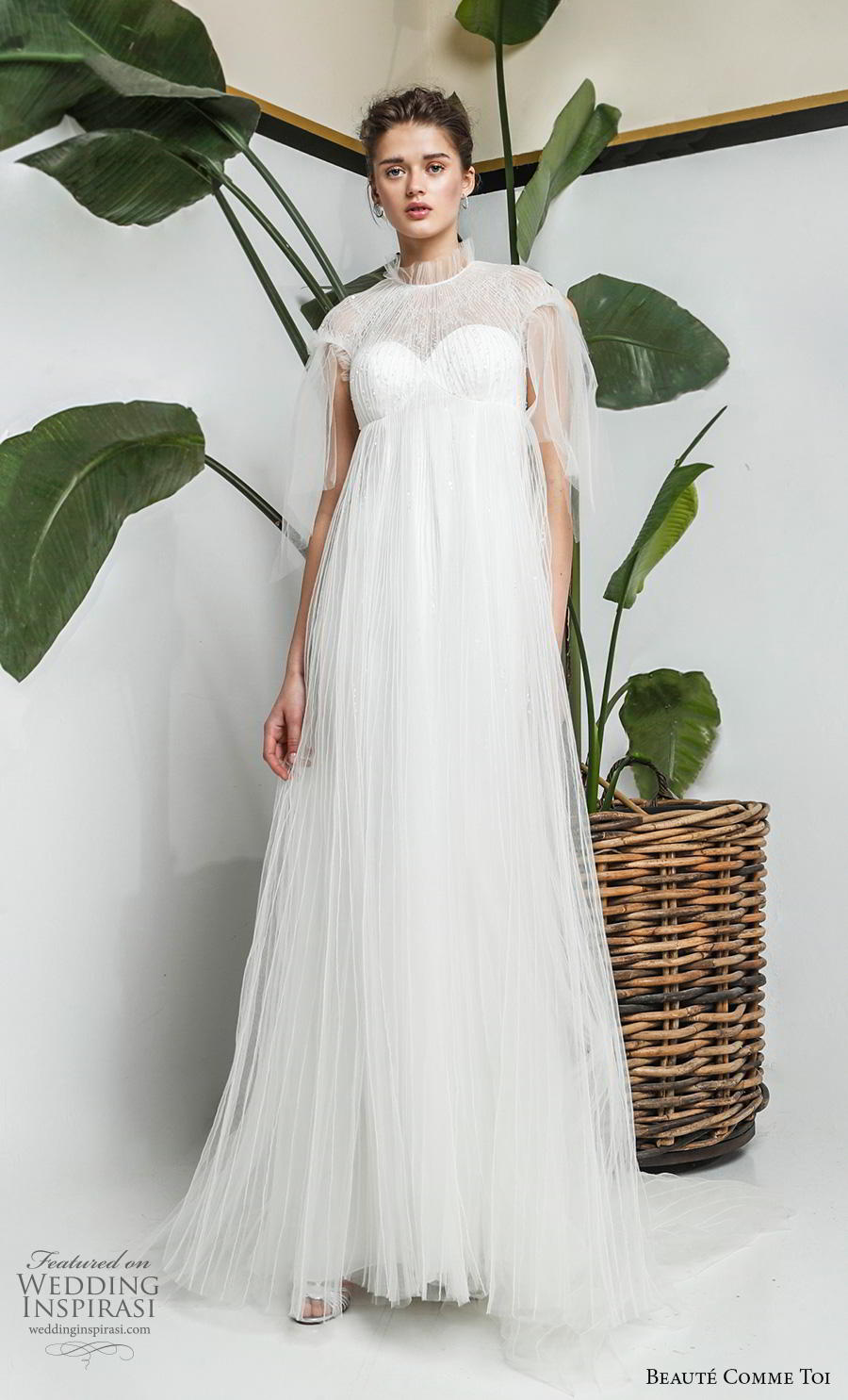 beaute comme toi 2019 bridal cap sleeves illusion high neck sweetheart neckline heavily embellished bodice romantic empire a  line wedding dress sheer lace button back chapel train (yolaine) mv