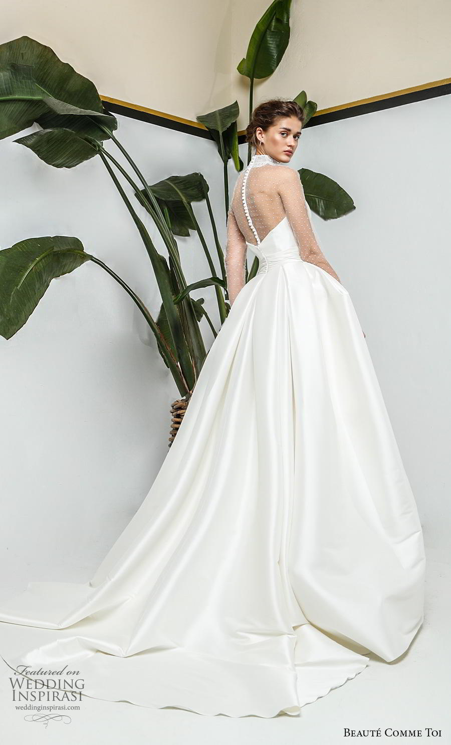 beaute comme toi 2019 bridal long sleeves illusion high neck sweetheart neckline simple minimalist romantic princess ball gown a  line wedding dress sheer button back chapel train (myriam) bv