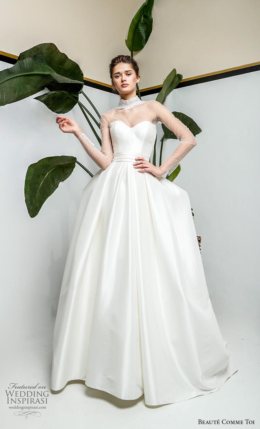 beaute comme toi 2019 bridal long sleeves illusion high neck sweetheart neckline simple minimalist romantic princess ball gown a  line wedding dress sheer button back chapel train (myriam) mv