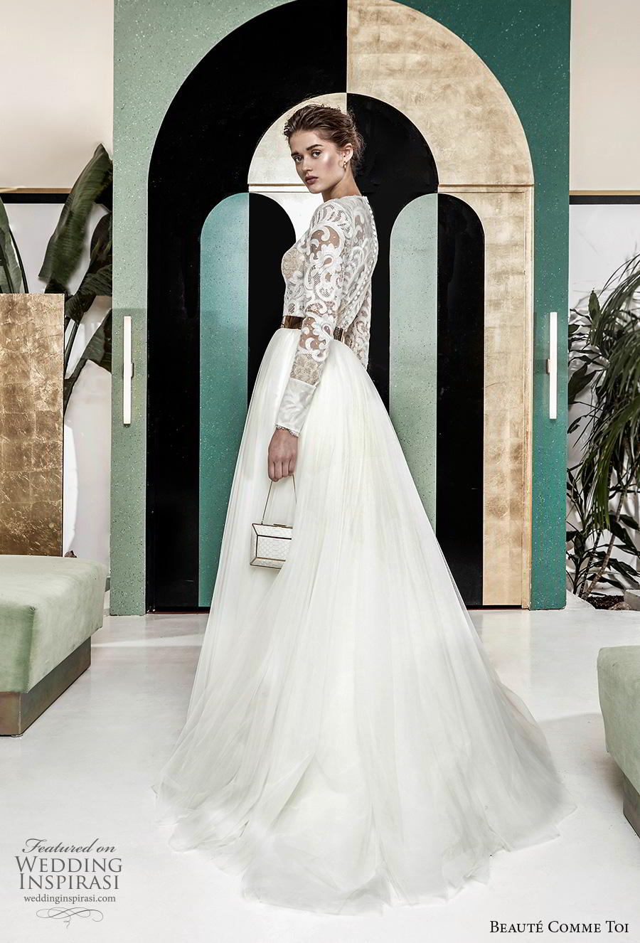 beaute comme toi 2019 bridal long sleeves jewel neck heavily embellished bodice modest glamorous classy a  line wedding dress lace button back chapel train (aude) bv