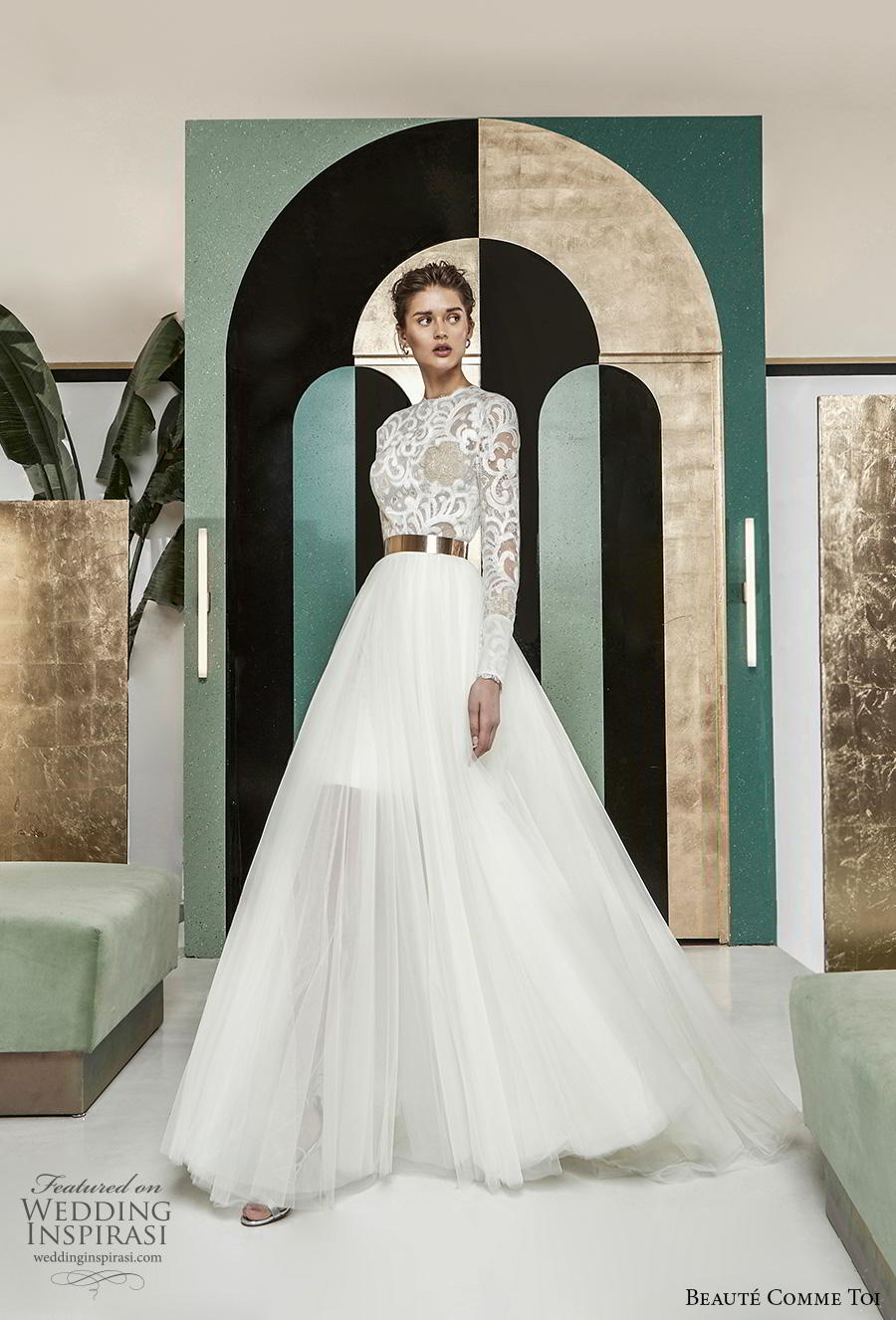 beaute comme toi 2019 bridal long sleeves jewel neck heavily embellished bodice modest glamorous classy a  line wedding dress lace button back chapel train (aude) mv