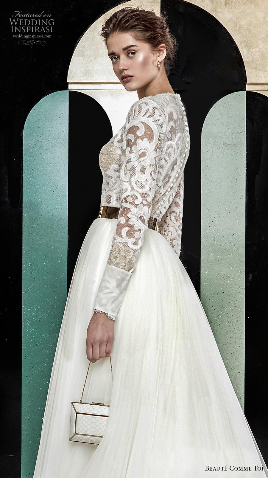 beaute comme toi 2019 bridal long sleeves jewel neck heavily embellished bodice modest glamorous classy a  line wedding dress lace button back chapel train (aude) zbv