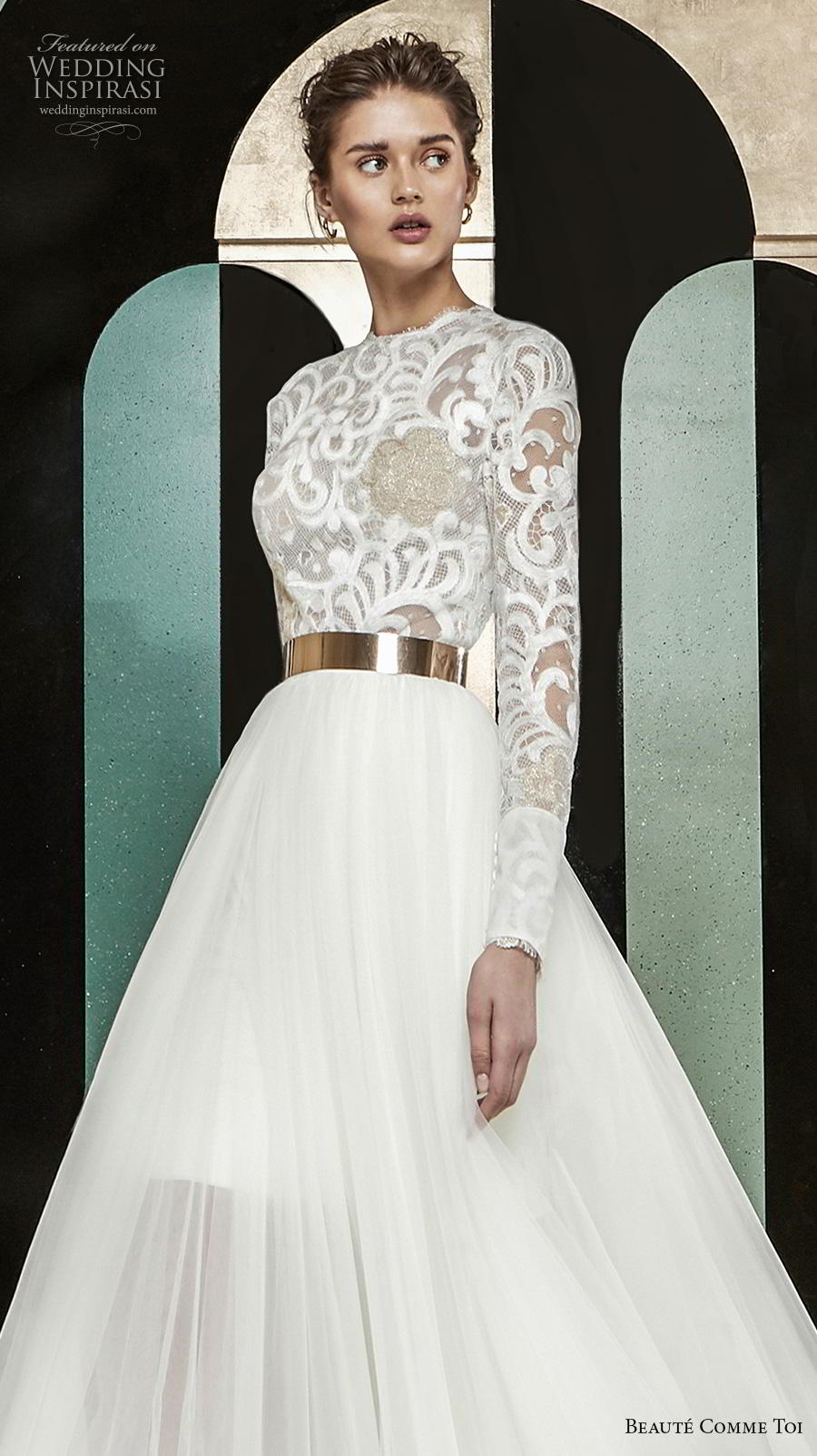 beaute comme toi 2019 bridal long sleeves jewel neck heavily embellished bodice modest glamorous classy a  line wedding dress lace button back chapel train (aude) zv