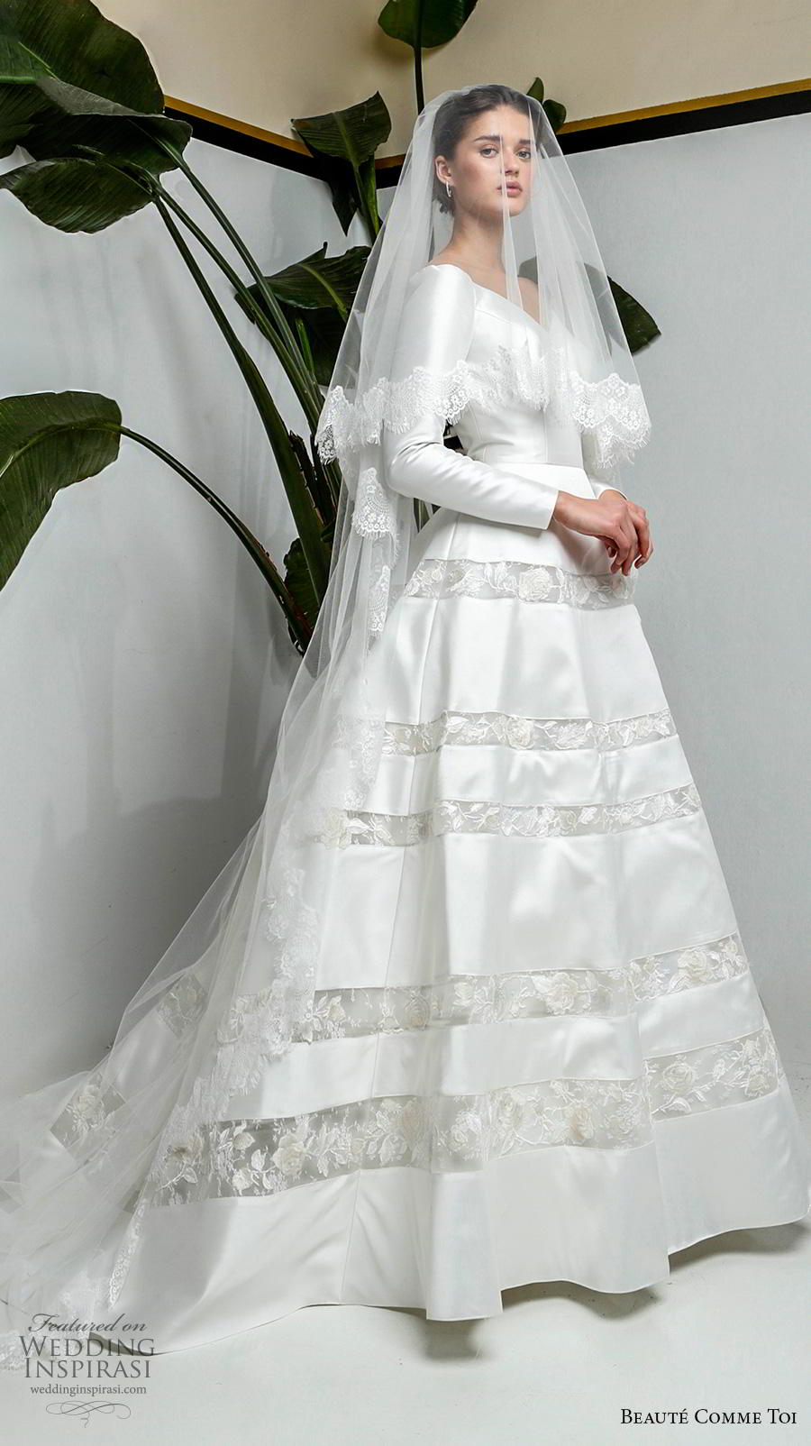 beaute comme toi 2019 bridal long sleeves v neck simple light embellished skirt elegant classy a  line wedding dress chapel train (lisle) mv 