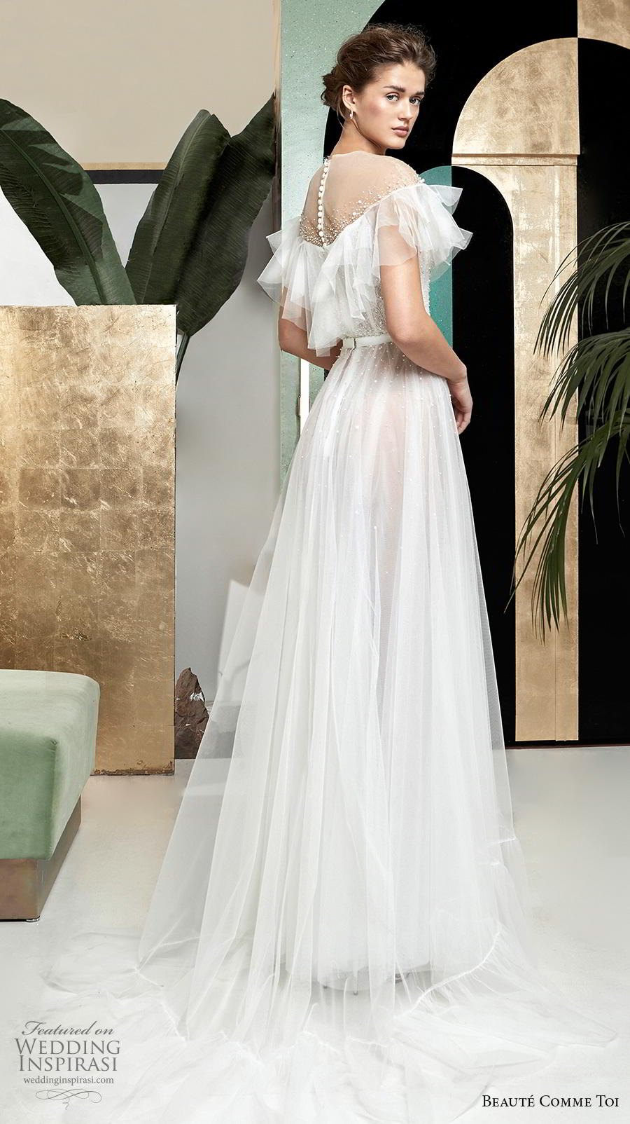 beaute comme toi 2019 bridal short tiered sleeves illusion jewel deep plunging sweetheart neckline romantic soft a  line wedding dress sheer button mid back medium train (lysiann) bv