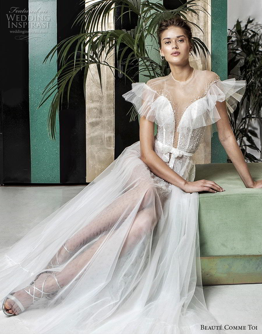 beaute comme toi 2019 bridal short tiered sleeves illusion jewel deep plunging sweetheart neckline romantic soft a  line wedding dress sheer button mid back medium train (lysiann) mv