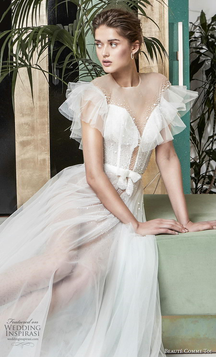 beaute comme toi 2019 bridal short tiered sleeves illusion jewel deep plunging sweetheart neckline romantic soft a  line wedding dress sheer button mid back medium train (lysiann) zv